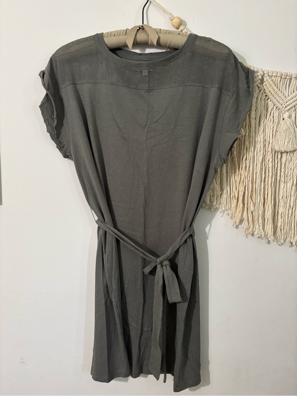 Grey State Gray/Olive Dress with Self Tie Belt- Cotton/Linen Blend